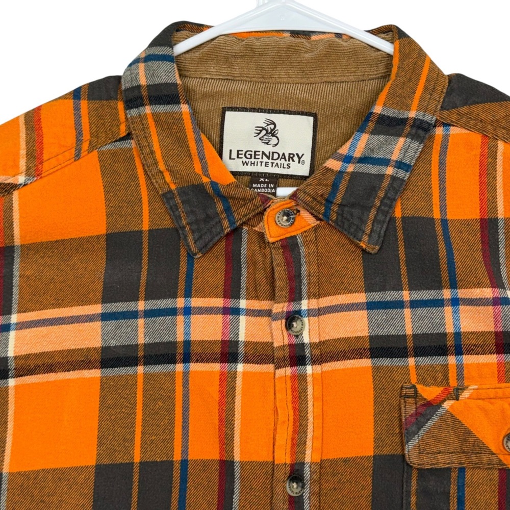 Legendary Whitetails Flannel Shirt Mens XL Orange Plaid Corduroy Trim Pocket